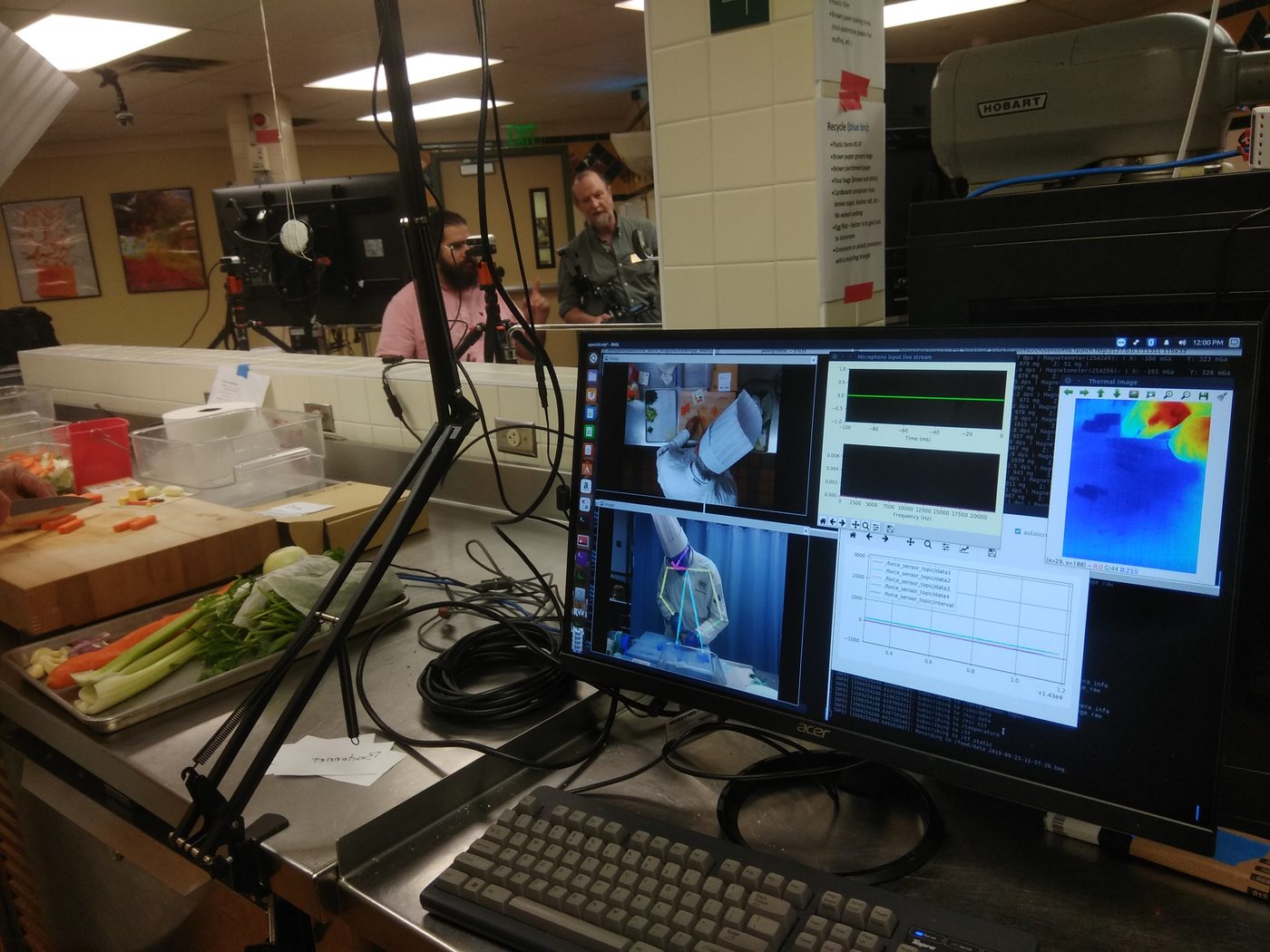 The data collection console: RViz showing a pose skeleton overlaid on a chef, a thermal camera view, live microphone spectrum, force sensor plots and IMU readouts, with the instrumented kitchen station behind it.